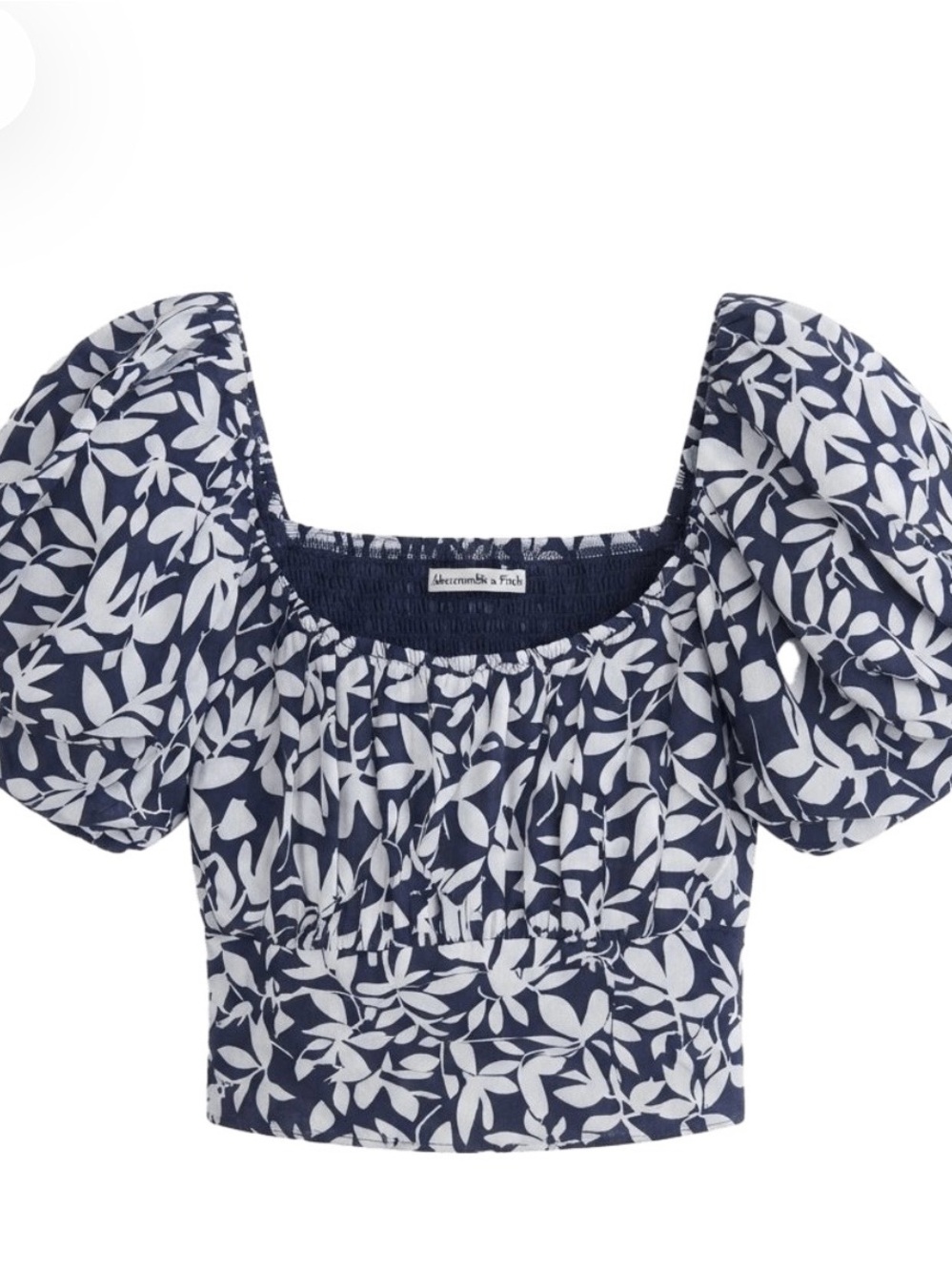 Abercrombie & Fitch Navy and White Leaf-Print Puff Sleeve Crop Top